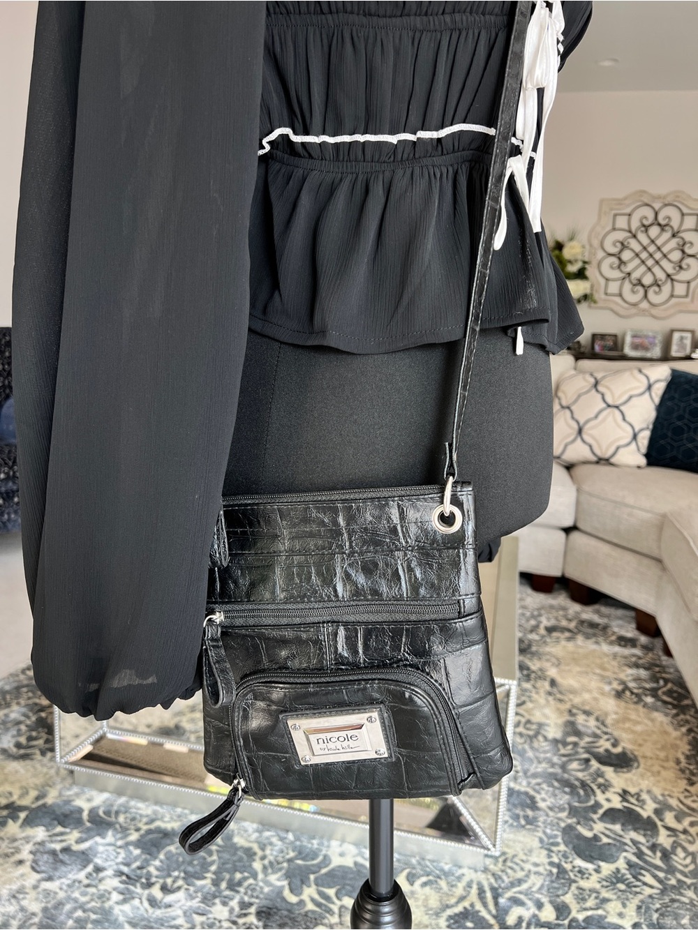 Nicole by Nicole Miller Black Faux-Croc Crossbody Bag - Picture 3 of 12